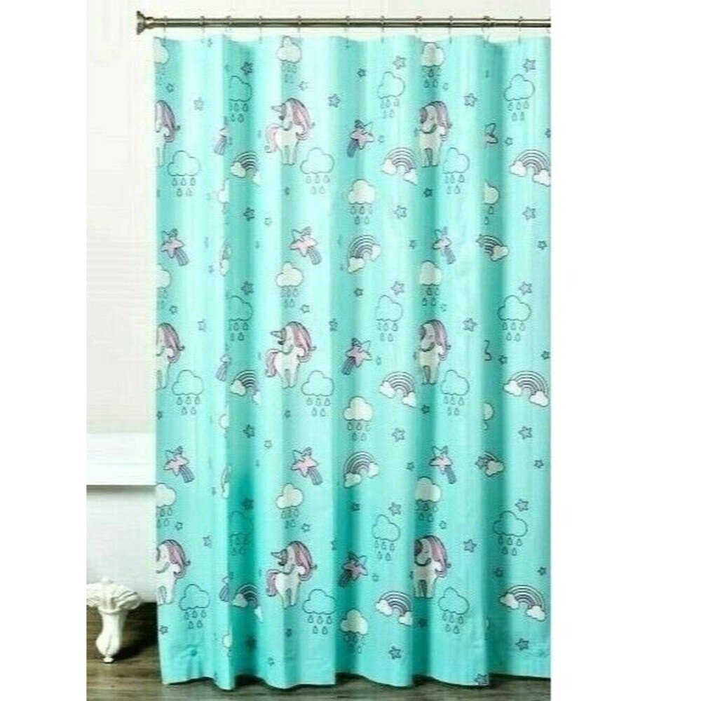 Dream Street Unicorns PEVA Shower Curtain Bath Aqua Blue Clouds Stars Rainbows